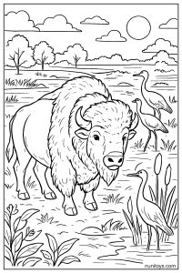 Bison Herd Passing Cranes in a Wetland Coloring Page