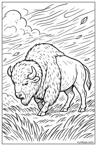 Realistic Bison Lowering Head During Windy Grassland Storm Coloring Page