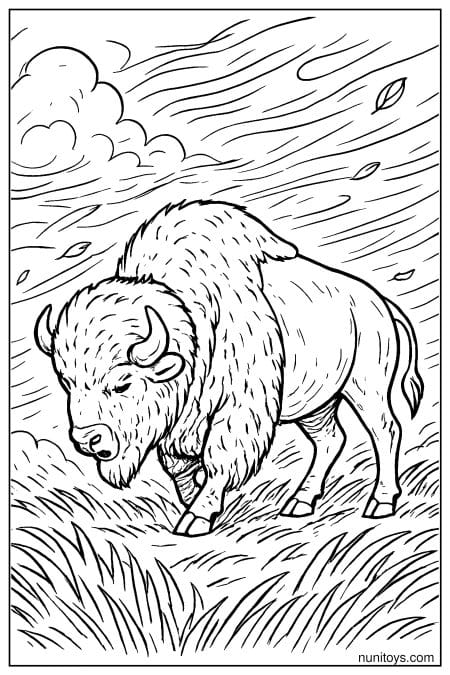 Realistic Bison Lowering Head During Windy Grassland Storm Coloring Page