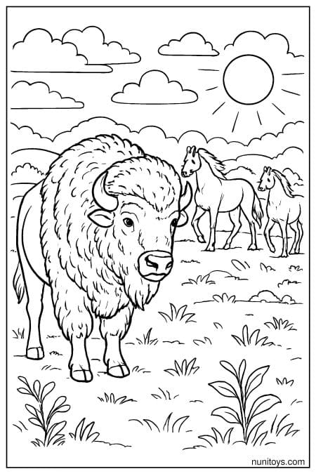 Bison Standing Near Wild Horses Coloring Page
