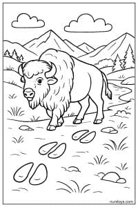 Bison Tracks Leading Through a Serene Mountain Valley Coloring Page