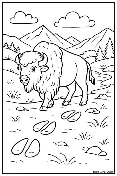 Bison Tracks Leading Through a Serene Mountain Valley Coloring Page