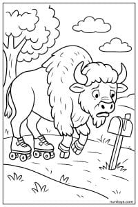 Cute Bison Roller Skating Beside a Leaning Mailbox Coloring Page