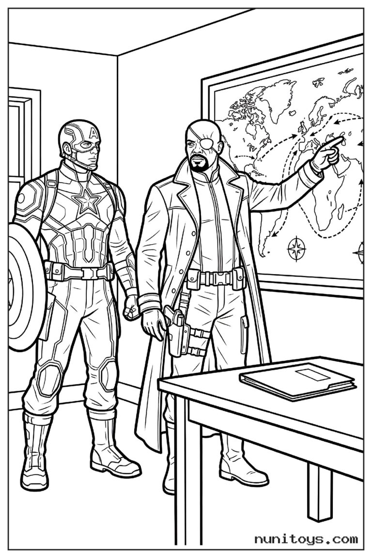 Coloriage Captain America et Nick Fury devant une carte du monde