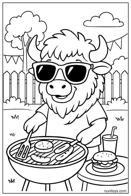 Cool Bison Grilling at Backyard Barbecue Coloring Page