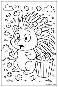 Kawaii Porcupine Surprised by Popcorn Coloring Page