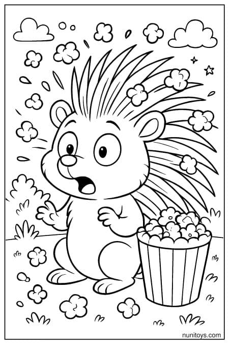Kawaii Porcupine Surprised by Popcorn Coloring Page