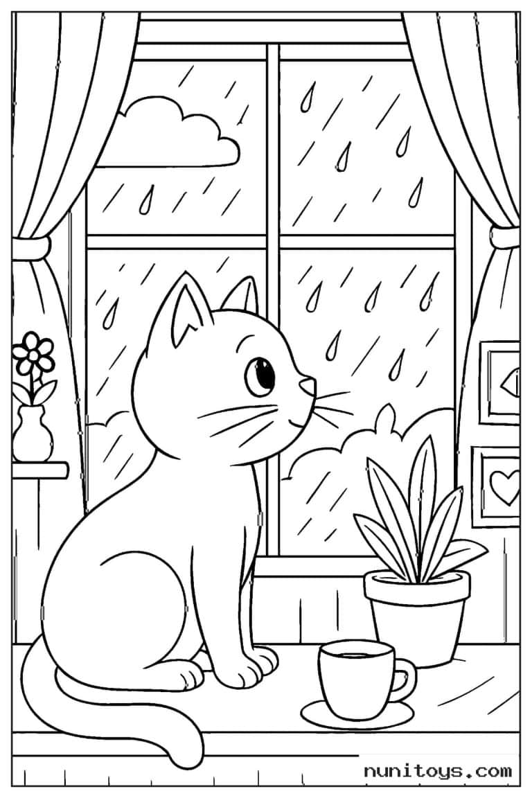 Coloriage chat observant la pluie près d’une tasse