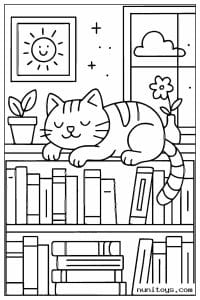 Coloriage d’un chat endormi sur une bibliothèque