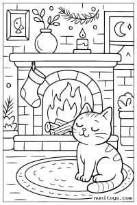 Coloriage d’un chat assis devant une cheminée allumée
