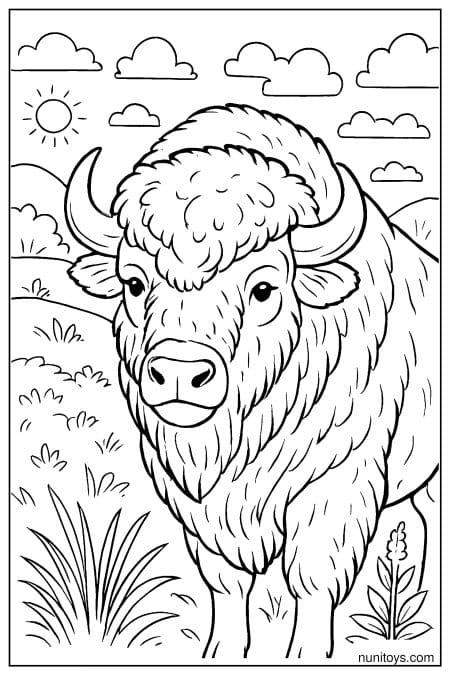 Shaggy Bison Coloring Page with Sunny Sky