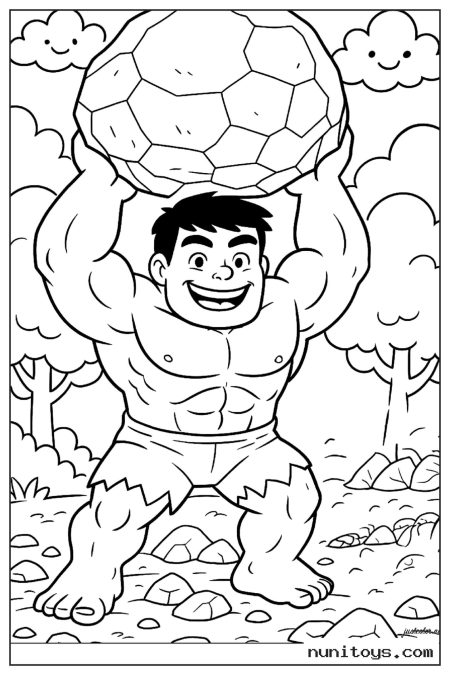 Hulk Lifting Giant Boulder in Forest Coloring Page