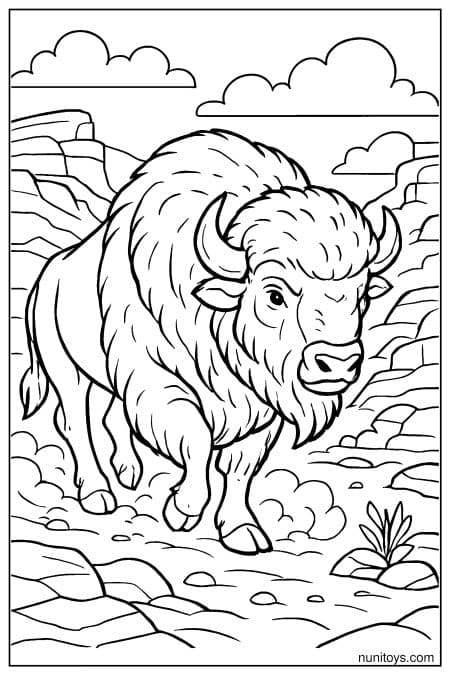 Realistic Bison Bull Walking Through Dusty Badlands Rocks Coloring Page