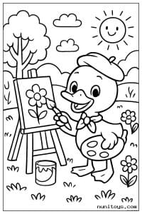 صفحة تلوين بطة رسامة ترسم زهرة في الحديقة