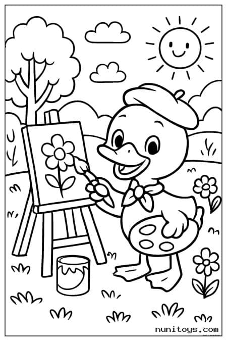 صفحة تلوين بطة رسامة ترسم زهرة في الحديقة