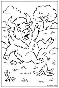 Funny Bison Slipping on a Banana Peel Coloring Page