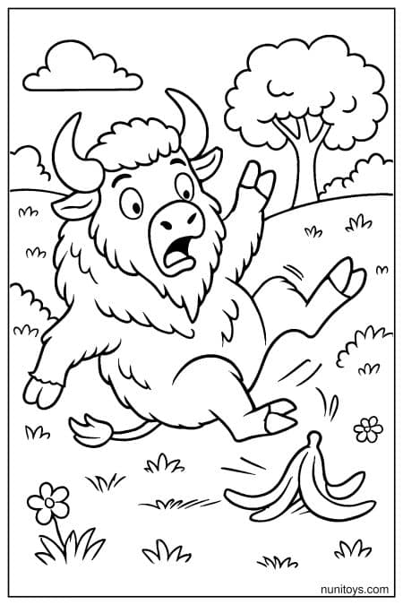 Funny Bison Slipping on a Banana Peel Coloring Page