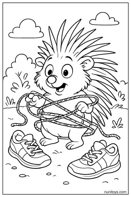 Kawaii Porcupine Tangled in Jump Rope Coloring Page