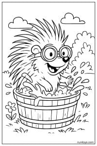 Kawaii Porcupine Splashing in Wooden Tub Coloring Sheet