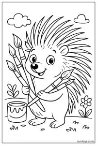 Cute Porcupine Carrying Paint Brushes Coloring Page