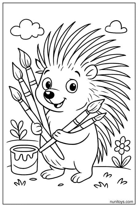 Cute Porcupine Carrying Paint Brushes Coloring Page