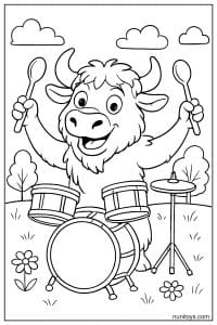 Goofy Bison Playing Drums with Wooden Spoons Coloring Page