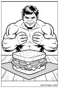 Hulk Eating Giant Sandwich at Table Coloring Page