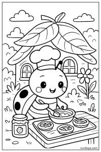 Kawaii Ladybug Baking Cookies in Garden Coloring Page