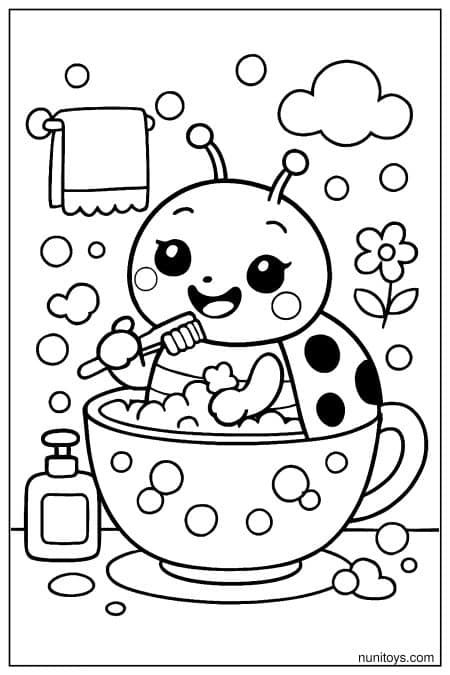 Kawaii Ladybug Bubble Bath in Teacup Coloring Sheet