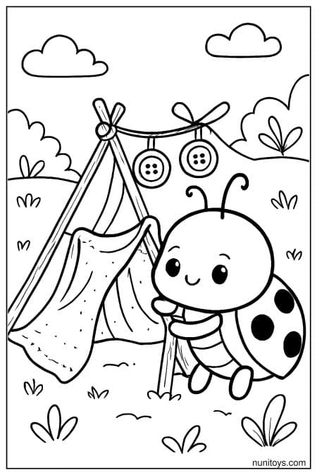 Kawaii Ladybug Setting Up a Garden Tent Coloring Page