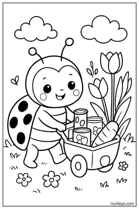 Kawaii Ladybug Pulling Garden Wagon Coloring Page