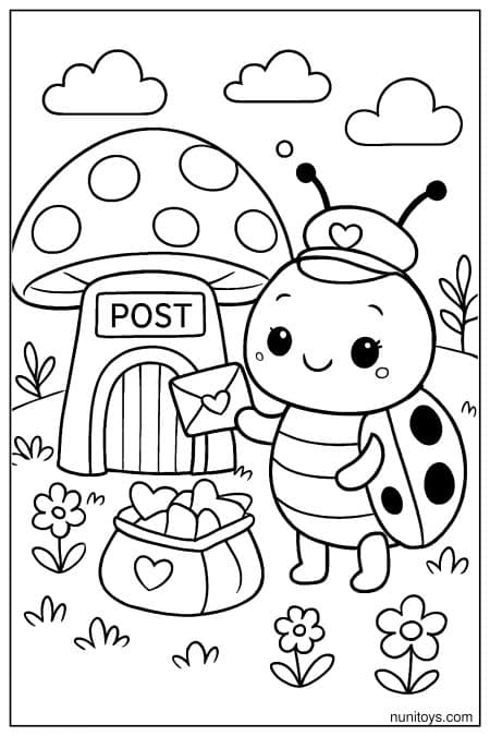 Kawaii Ladybug Mail Carrier by Mushroom Post Office Coloring Page
