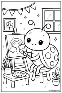 Cute Kawaii Ladybug Painting a Rainbow Coloring Sheet