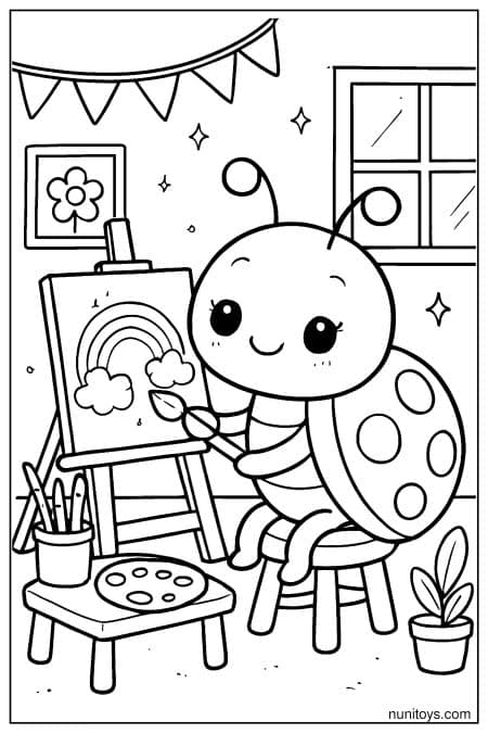 Cute Kawaii Ladybug Painting a Rainbow Coloring Sheet