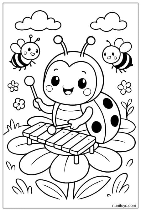 Kawaii Ladybug Playing Xylophone on Flower Coloring Page