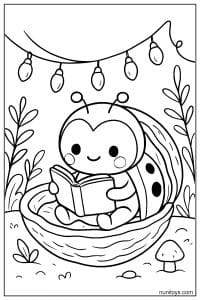 Kawaii Ladybug Reading a Book in Cozy Nest Coloring Page