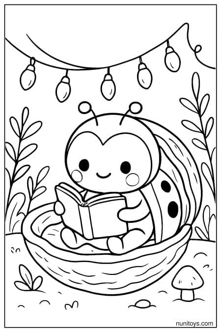 Kawaii Ladybug Reading a Book in Cozy Nest Coloring Page