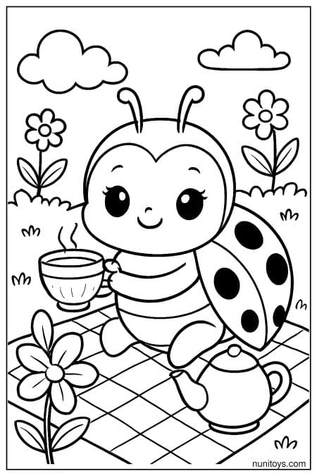 Kawaii Ladybug Tea Picnic with Teapot Coloring Page