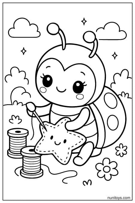 Kawaii Ladybug Sewing Star Plush Coloring Sheet
