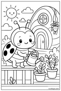 Kawaii Ladybug Watering Potted Plants Coloring Page