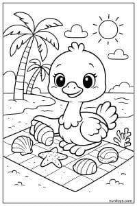 Kawaii Ostrich Beach Picnic with Seashells Coloring Page
