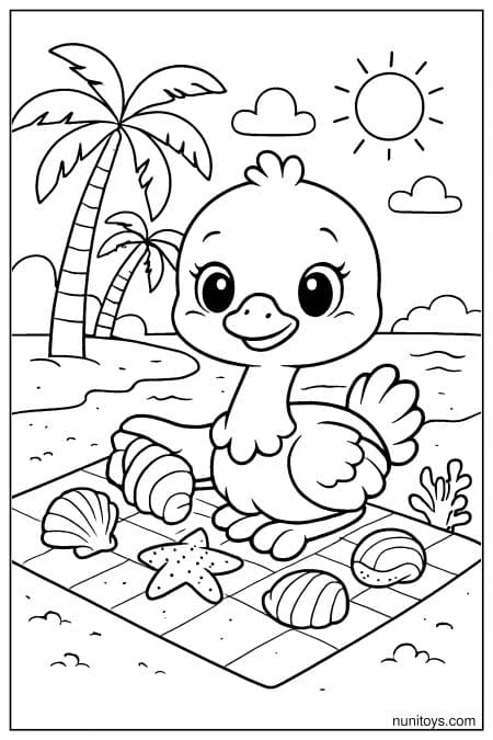 Kawaii Ostrich Beach Picnic with Seashells Coloring Page