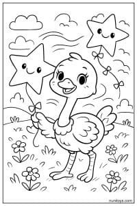 Kawaii Ostrich Holding Smiling Star Balloons Coloring Page