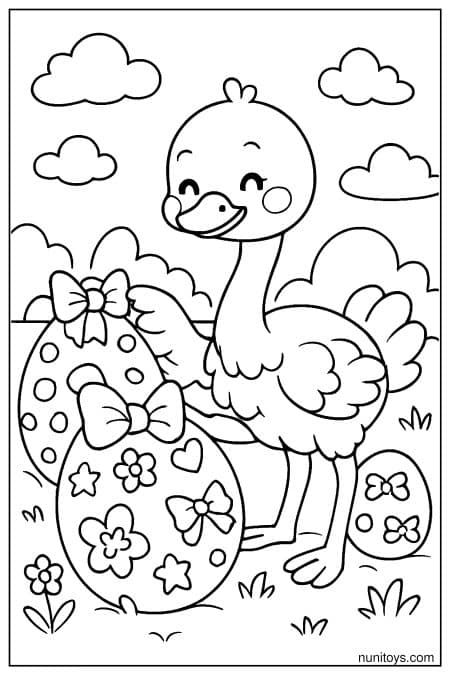 Kawaii Ostrich Decorating Giant Easter Eggs Coloring Page