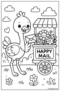 Kawaii Ostrich Delivering Happy Mail Coloring Page
