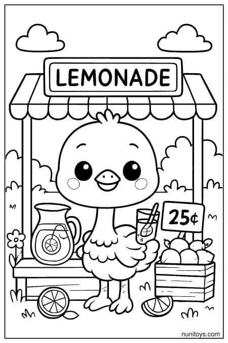 Kawaii Ostrich at Lemonade Stand Coloring Page