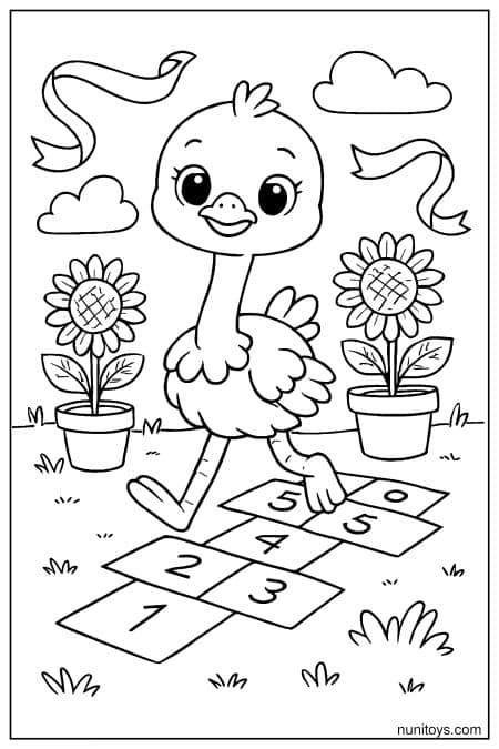 Kawaii Ostrich Playing Hopscotch in Garden Coloring Page
