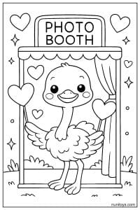 Kawaii Ostrich Photo Booth with Hearts Coloring Sheet