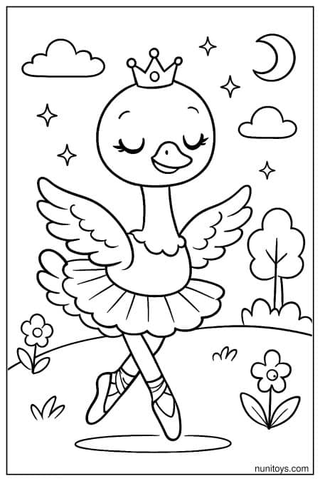 Kawaii Ostrich Ballerina with Crown Coloring Page