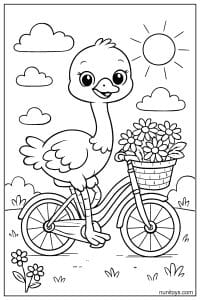 Kawaii Ostrich Riding Bicycle with Flower Basket Coloring Page